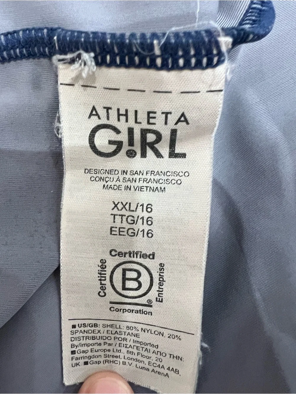Athleta Girl Swim Top Rash Guard Blue Gray Leaf Girls Size XXL Short Sleeve